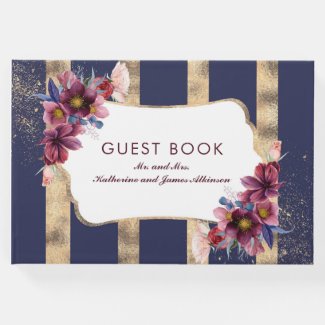 Burgundy Gold and Navy Floral Stripes Wedding Guest Book