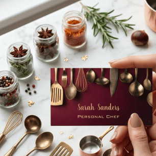 Burgundy & Gold Antique Utensils Personal Chef  Business Card
