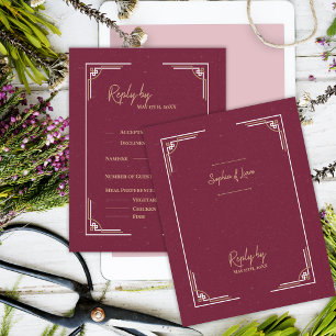 Burgundy Gold Art Deco Black Tie Wedding Reply By RSVP Card