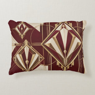 Burgundy Gold Art Deco Diamonds Accent Pillow