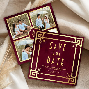 Burgundy Gold Art Deco Photo Collage Wedding Save The Date
