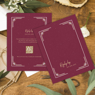 Burgundy Gold Art Deco QR Code Black Tie Wedding RSVP Card