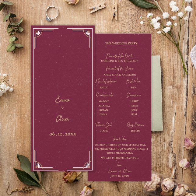 Burgundy Gold Art Deco Wedding Ceremony Program (Burgundy Gold Art Deco Wedding Program Black Tie Ceremony Program Card)