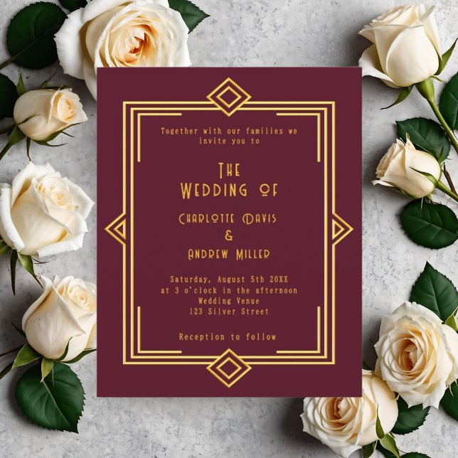 Burgundy gold art decor style wedding invitation (Creator Uploaded)