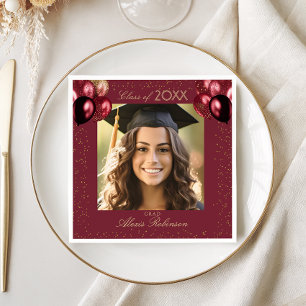 Burgundy Gold Balloons Graduation Party Photo Napkin