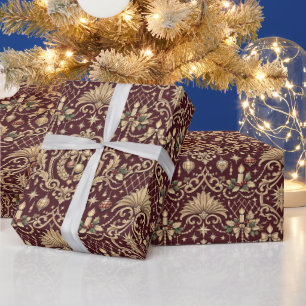 Burgundy Gold Baroque Christmas Ornament Pattern Wrapping Paper