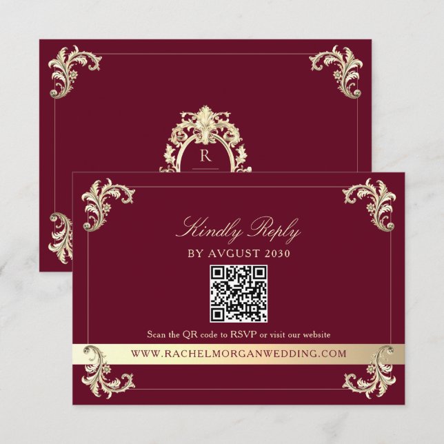 Burgundy Gold Baroque QR Code Wedding RSVP Card (Front/Back)