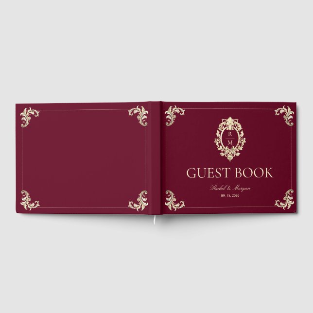 Burgundy Gold Baroque Wedding Guest Book (Full)
