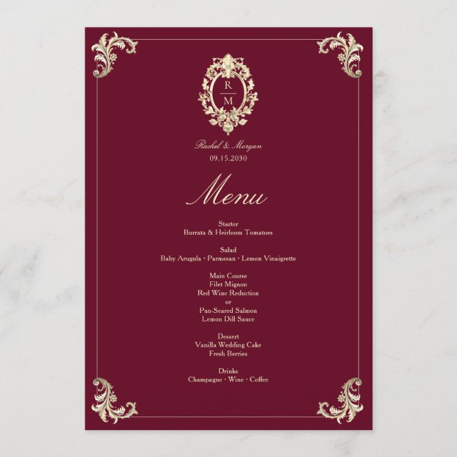 Burgundy Gold Baroque Wedding Reception Menu (Front)