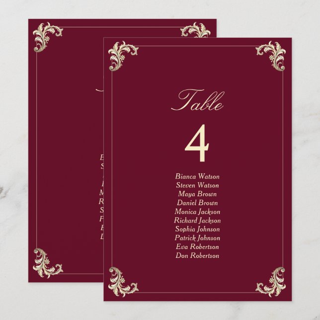 Burgundy Gold Baroque Wedding Seating Chart (Front/Back)