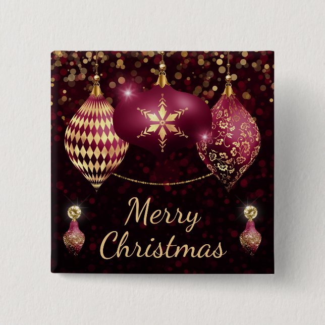 Burgundy & Gold Baubles Merry Christmas 2 Inch Square Button (Front)