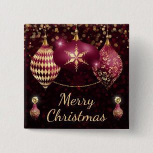 Burgundy & Gold Baubles Merry Christmas 2 Inch Square Button