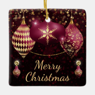 Burgundy & Gold Baubles Merry Christmas Ceramic Ornament