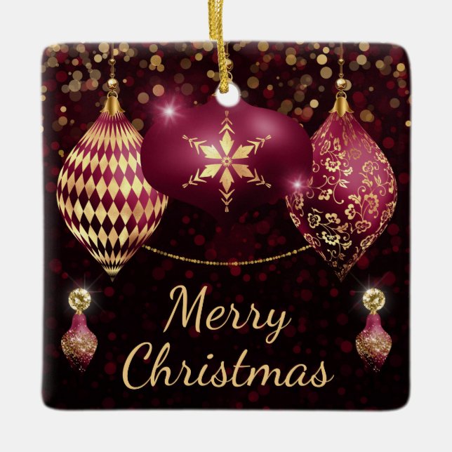 Burgundy & Gold Baubles Merry Christmas Ceramic Ornament (Front)