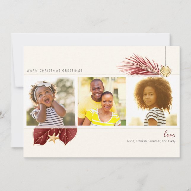 Burgundy & Gold Beach Tropical Greenery 3-Photo Holiday Card (Front)
