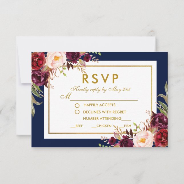 Burgundy Gold Blue Floral Wedding RSVP Card (Front)