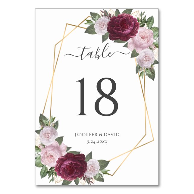 Burgundy Gold Blush Floral Wedding Table Number (Front)