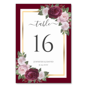 Burgundy Gold Blush Floral Wedding Table Number