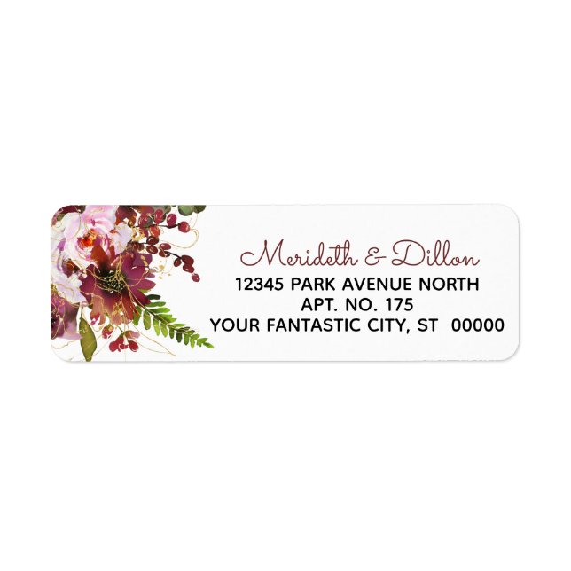 Burgundy Gold Blush rose Floral Adresse de retour (Devant)