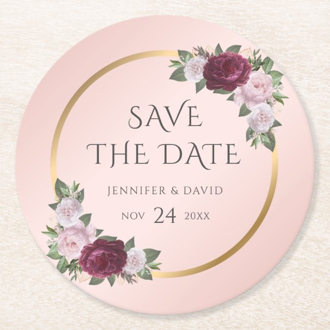 Burgundy Gold Blush Wedding Save The Date Round Paper Coaster (Front)