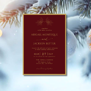 Burgundy Gold Border Holly Tree Christmas Wedding Invitation