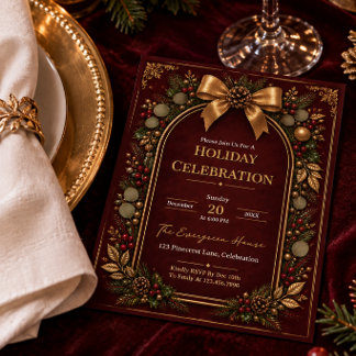 Burgundy Gold Botanical Arch Holiday Celebration Invitation