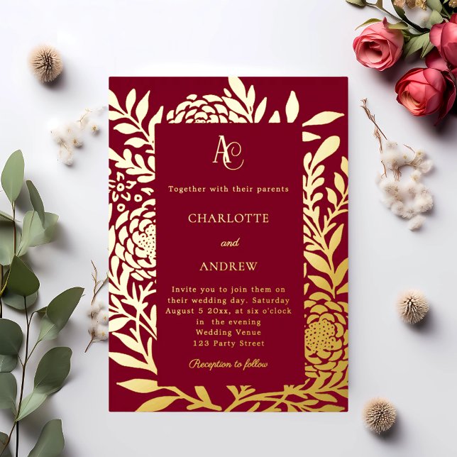 Burgundy gold botanical monogram luxury wedding (Creator Uploaded)