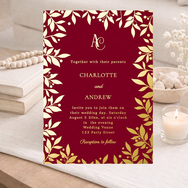 Burgundy gold botanical monogram luxury wedding (Creator Uploaded)