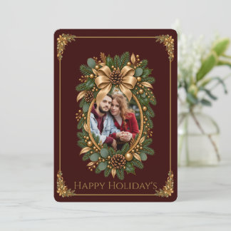Burgundy Gold Botanical Photo Frame Holiday Card