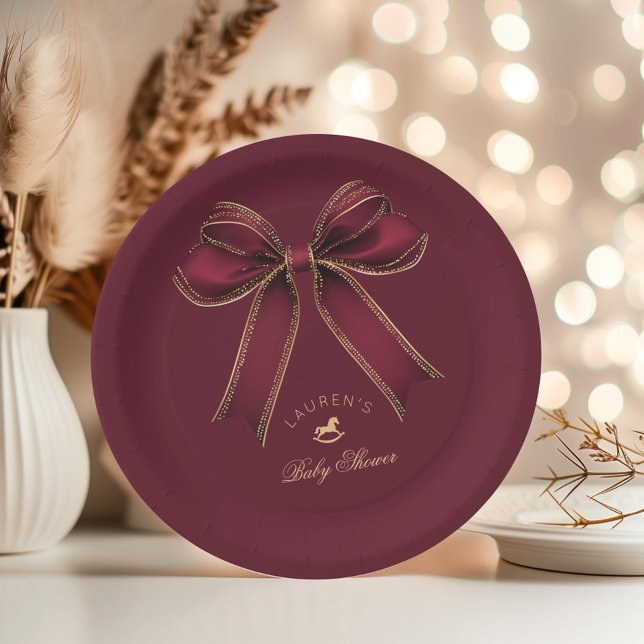 Burgundy Gold Bow Rocking Horse Luxury Paper Plate (Creator Uploaded)
