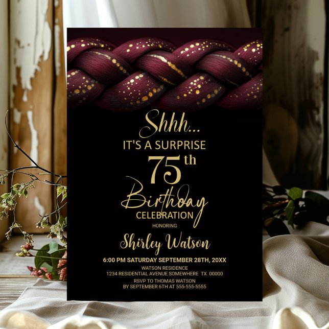 Burgundy Gold Braid Surprise 75th Birthday Party Invitation (Creator Uploaded)