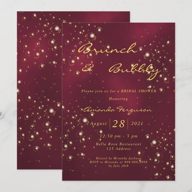 Burgundy gold brunch bubbly bridal shower invitation (Front/Back)