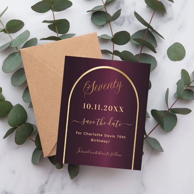 Burgundy gold budget 70th birthday save the date flyer (Creator Uploaded)