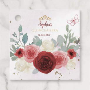 Burgundy Gold Butterfly Tiara Floral Quinceañera Favour Tags