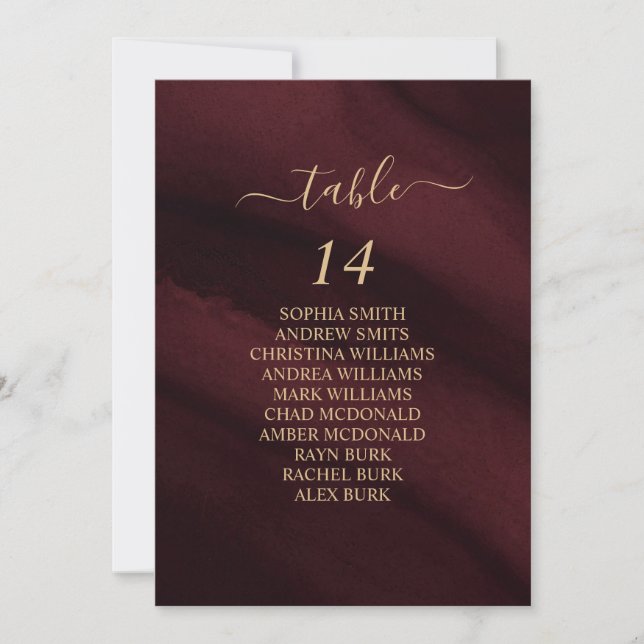 Burgundy & Gold Calligraphy Seating Chart Cards (Front)