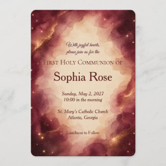 Burgundy Gold Celestial First Holy Communion Invitation