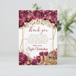 Burgundy Gold Charra Quinceanera Floral Western Thank You Card