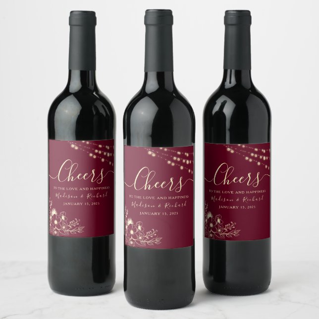Burgundy Gold Cheers Wedding Wine Label (Bottles)