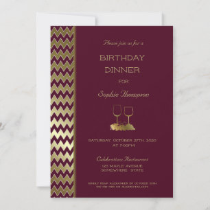 Burgundy Gold Chevron Striped Birthday Dinner Invitation