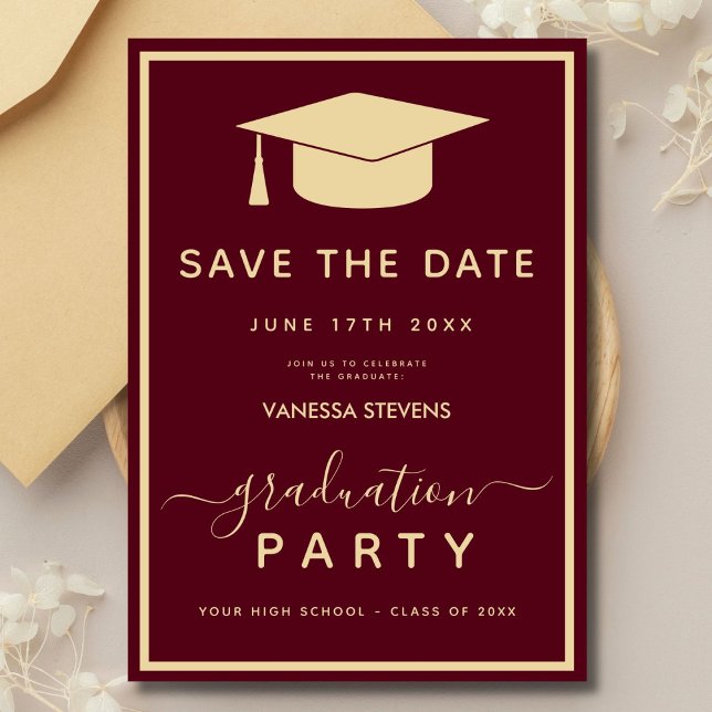 Burgundy Gold Classic Graduation Save the Date Invitation (Creator Uploaded)