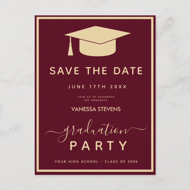 Burgundy Gold Classic Graduation Save the Date Postcard (Front)