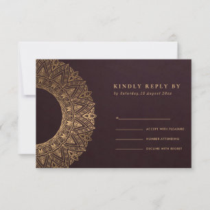 BURGUNDY GOLD CLASSIC ORNATE MANDALA WEDDING RSVP CARD