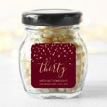 Burgundy Gold Confetti 30th Birthday Square Sticker<br><div class="desc">Help her celebrate her 30th birthday in style with this simple but elegant design, featuring faux gold triangular confetti sifting down on the word "thirty" in gold handwriting font on a burgundy red background. Personalize it with the name of the honoree in gold sans serif font, along with the occasion...</div>