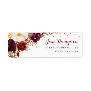 Burgundy Gold Confetti Floral Adresse de retour La