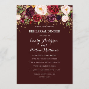 Burgundy Gold Confetti Floral Rehearsal Dinner Invitation