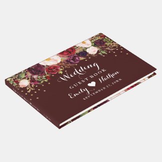Burgundy Gold Confetti Floral Wedding Guest Book