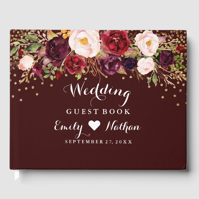 Burgundy Gold Confetti Floral Wedding Guest Book (Front)