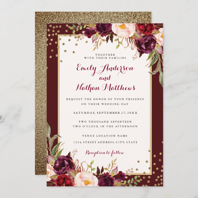 Burgundy Gold Confetti Floral Wedding Invitation (Front/Back)