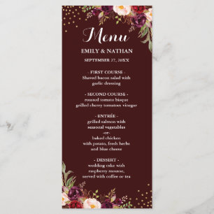 Burgundy Gold Confetti Floral Wedding Menu