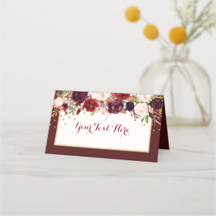 Burgundy Gold Confetti Floral Wedding Place Card